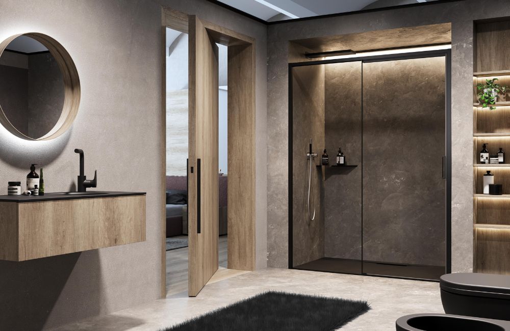 Un bagno di design dall'elegante box doccia ad ante scorrevoli grazie alla levitazione magnetica