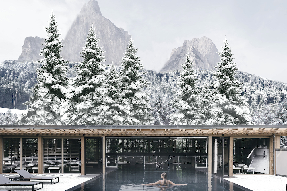 Un'immagine invernale della spa in montagna dell'hotel Sensoria Dolomites, all'Alpe di Siusi (Bolzano).