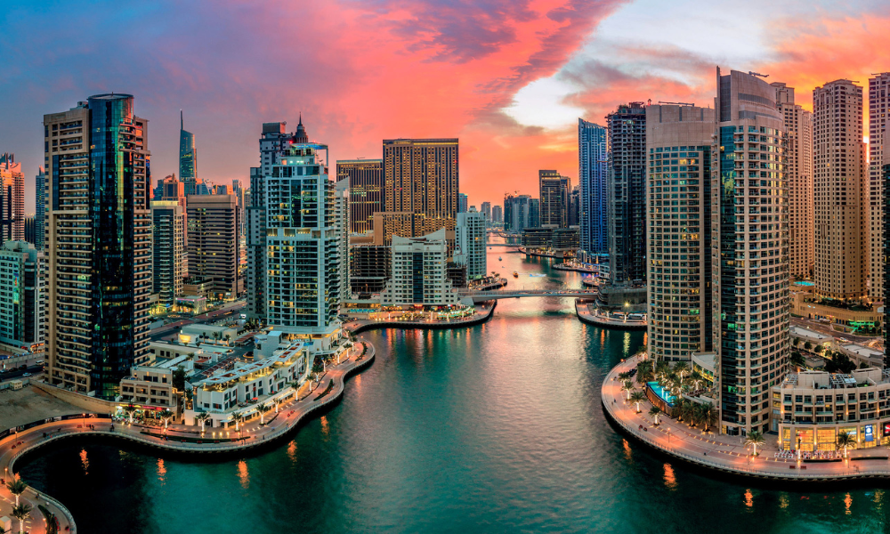 Panoramic view of Dubai Marina in UAE at sunset
