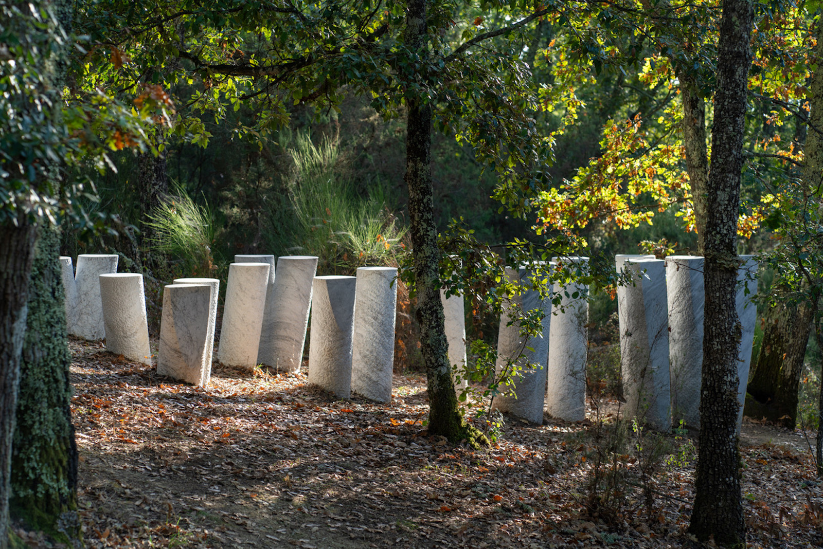 Nel Parco di Sculture del Chianti un'opera di Nicolas Bertoux composta da una serie di blocchi di marmo bianco di Carrara.