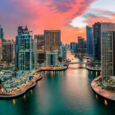 Panoramic view of Dubai Marina in UAE at sunset